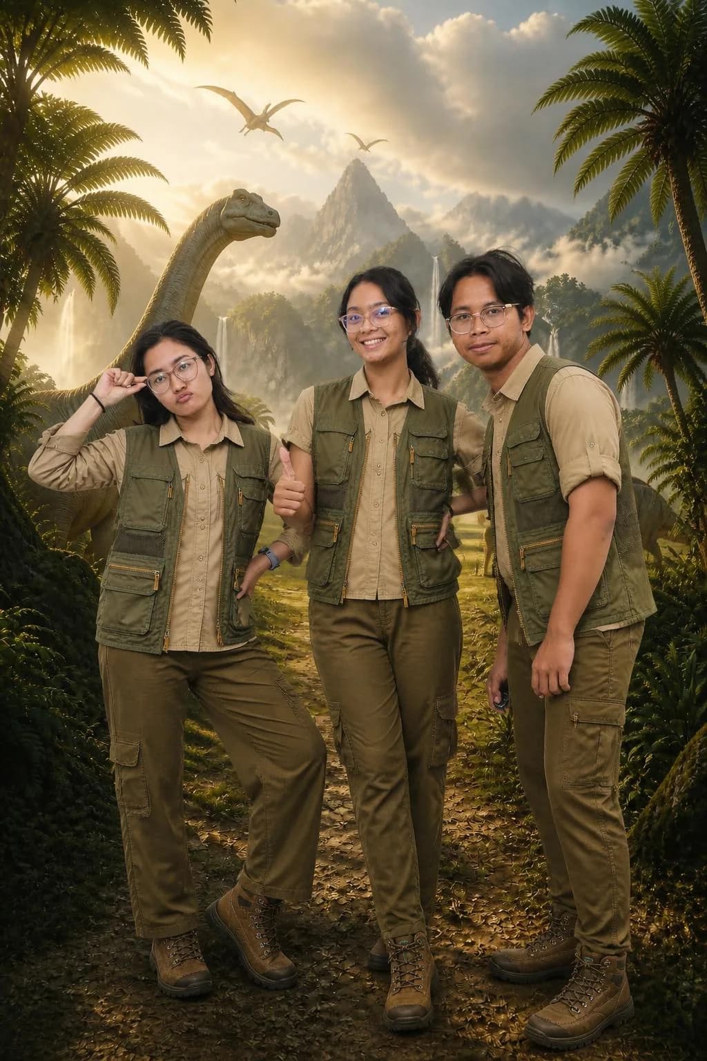 Foto AI grup bertema penjelajah di dunia dinosaurus