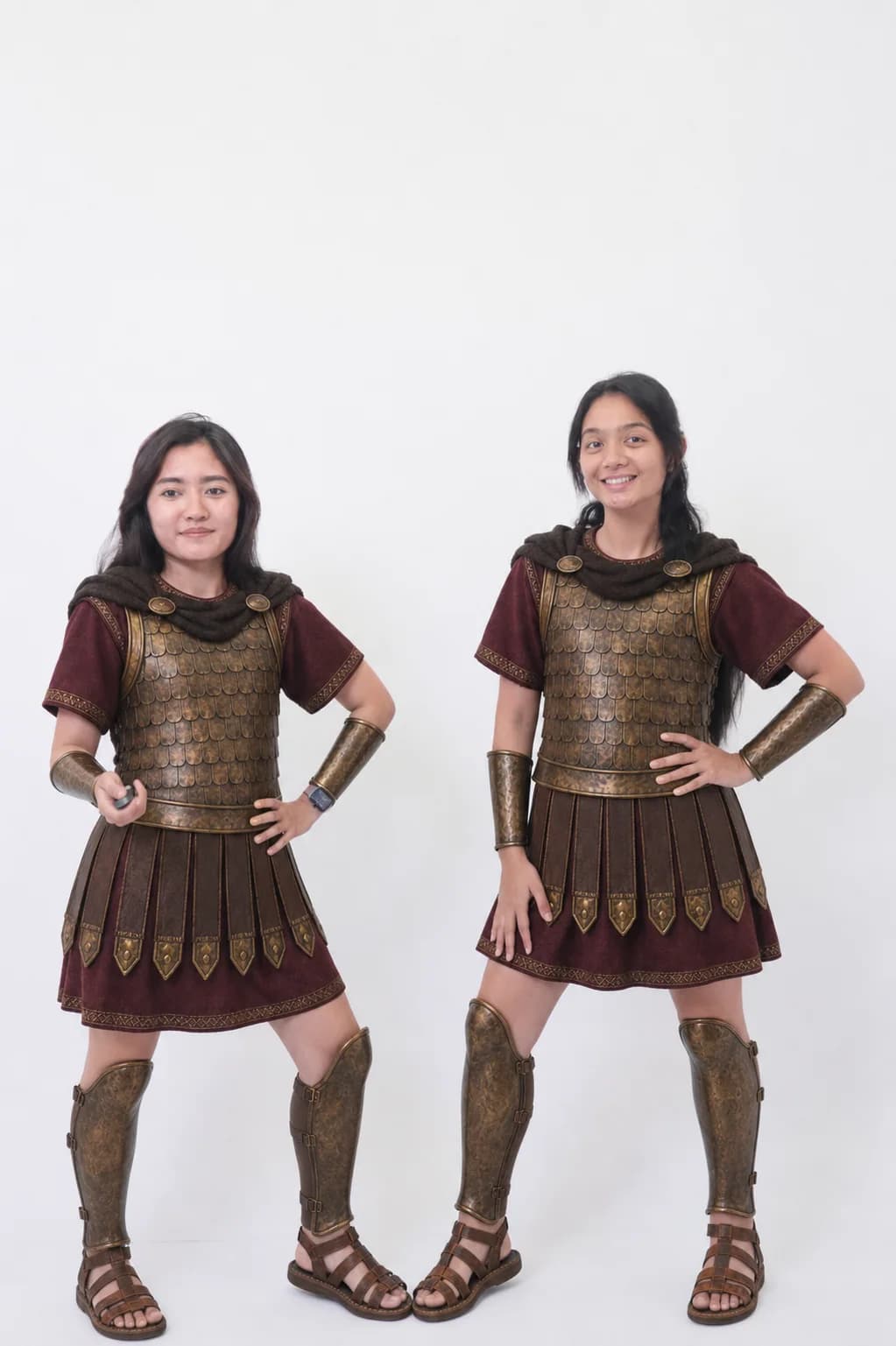 Foto AI duo dengan kostum prajurit di studio putih
