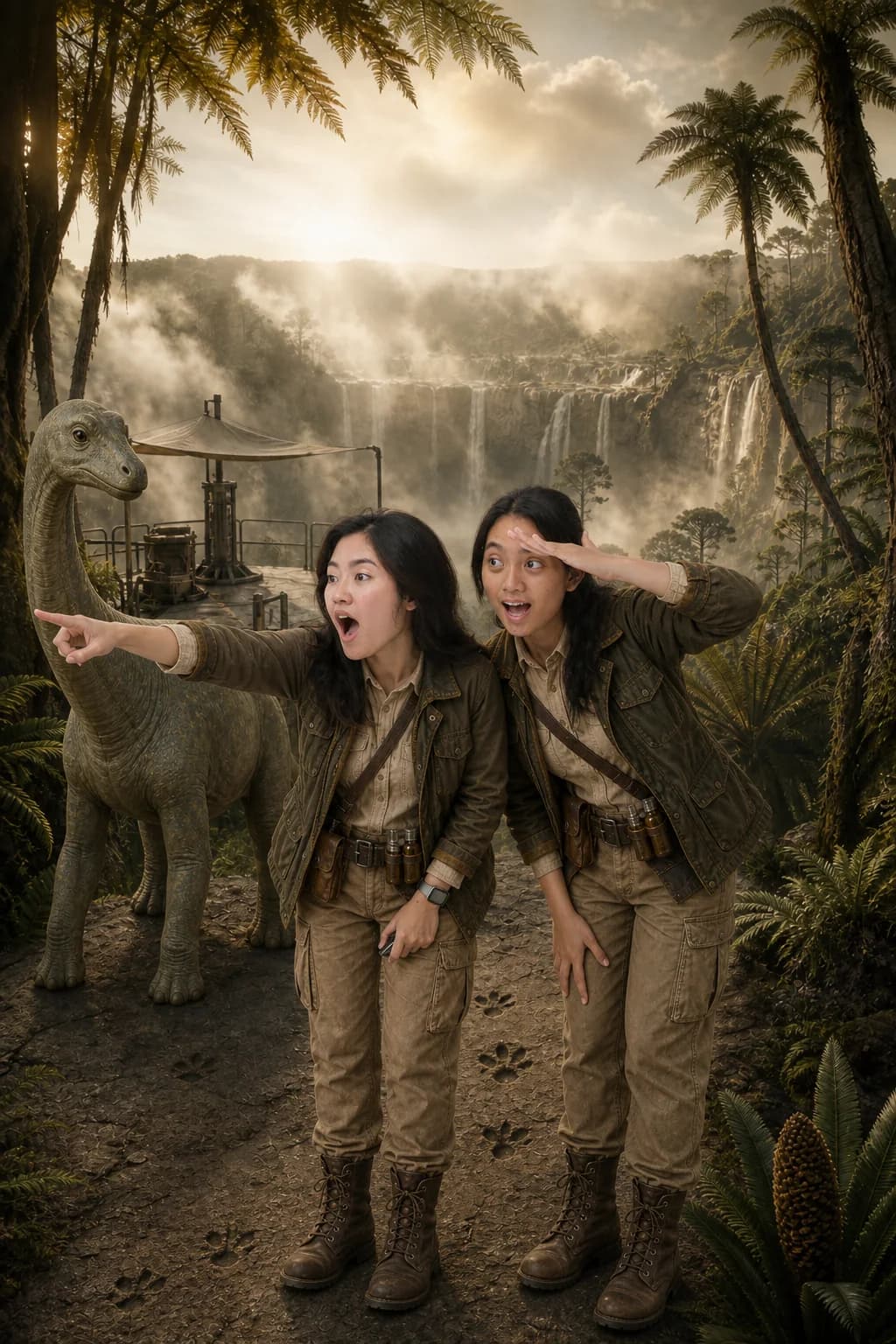 Foto AI duo penjelajah dengan latar lembah dinosaurus