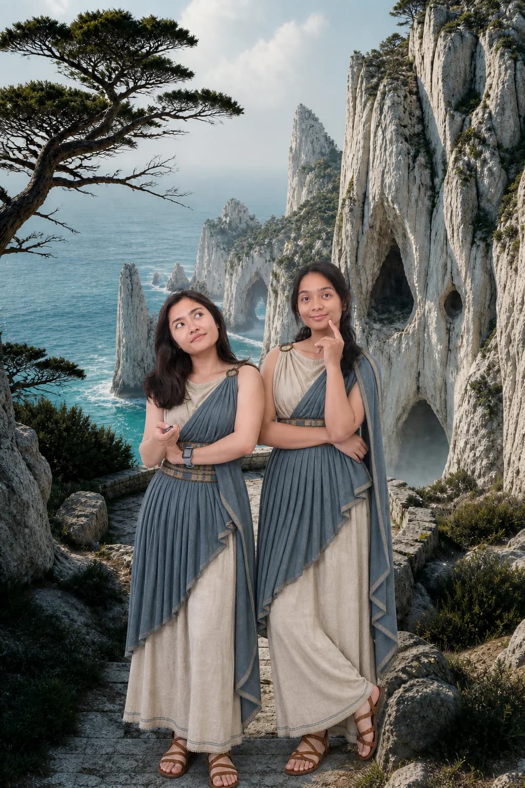 Foto AI duo dengan busana klasik di tebing pesisir
