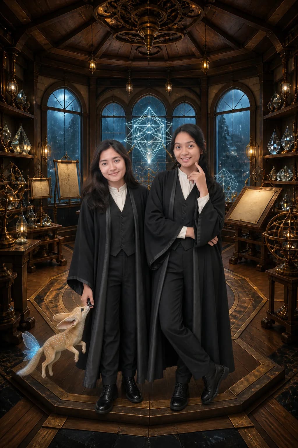 Foto AI duo penyihir di ruang observatorium fantasi