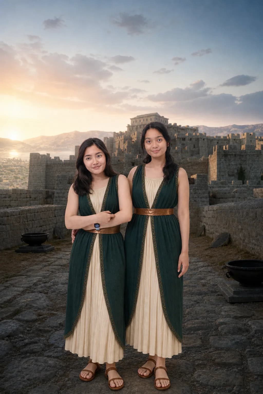 Foto AI duo dengan busana klasik di benteng bersejarah