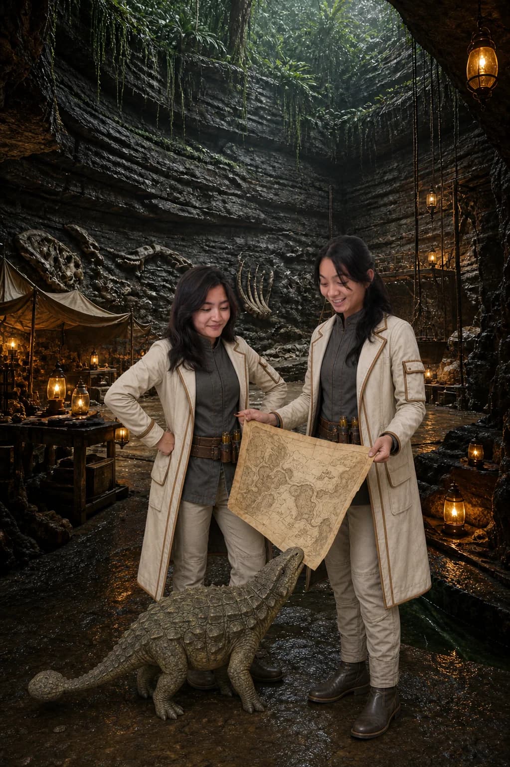 Foto AI duo penjelajah membaca peta di dalam gua