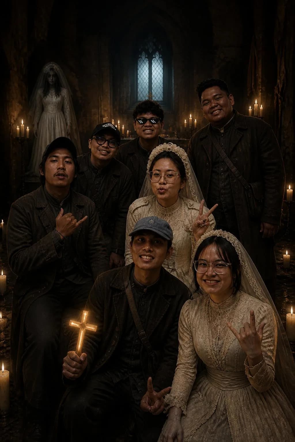 Foto AI grup besar dengan beragam tema petualangan, variasi 1