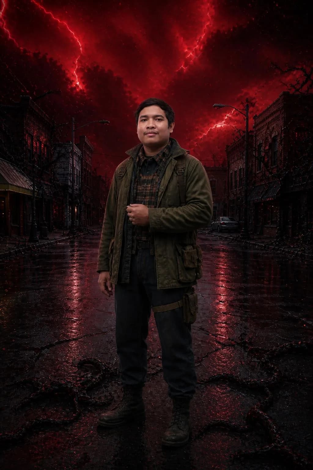 Potret AI solo dengan latar fantasi merah, variasi 1