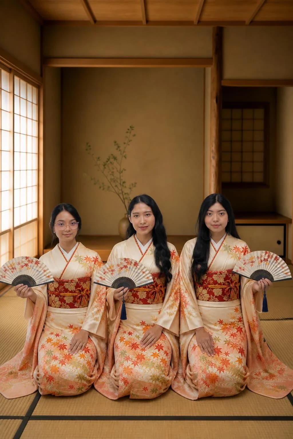 Foto AI trio dengan busana dan latar tematik, variasi 1