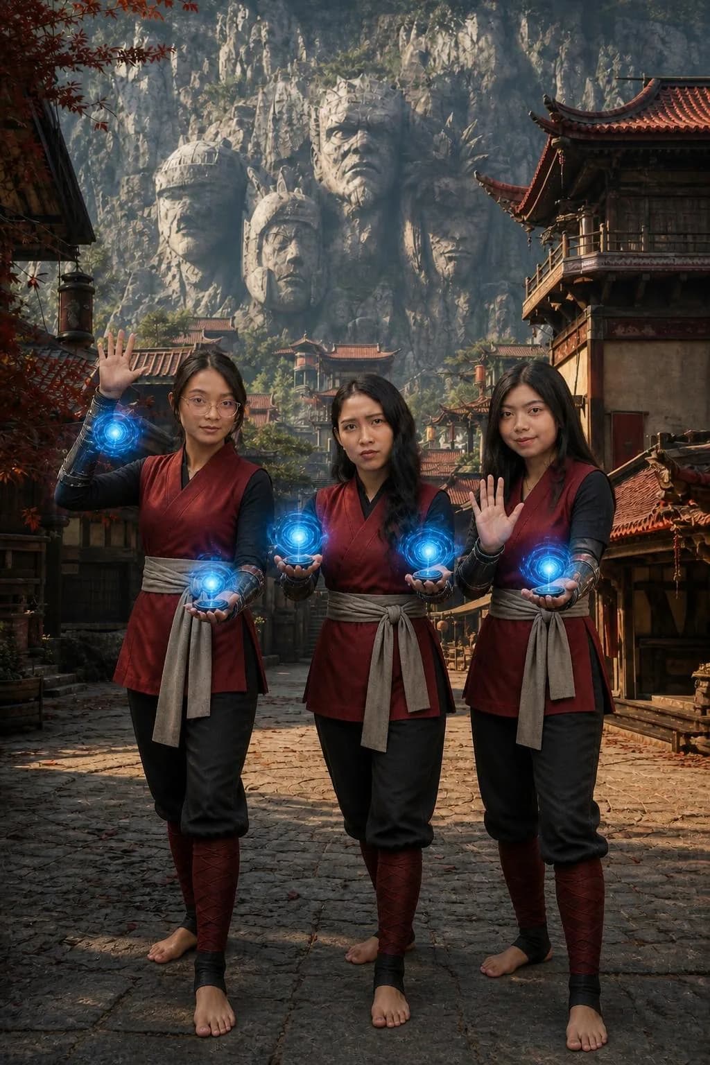 Foto AI trio dengan busana dan latar tematik, variasi 2