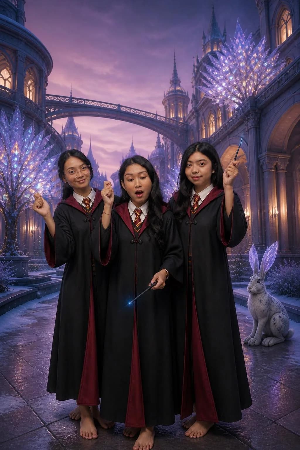 Foto AI trio dengan busana dan latar tematik, variasi 3
