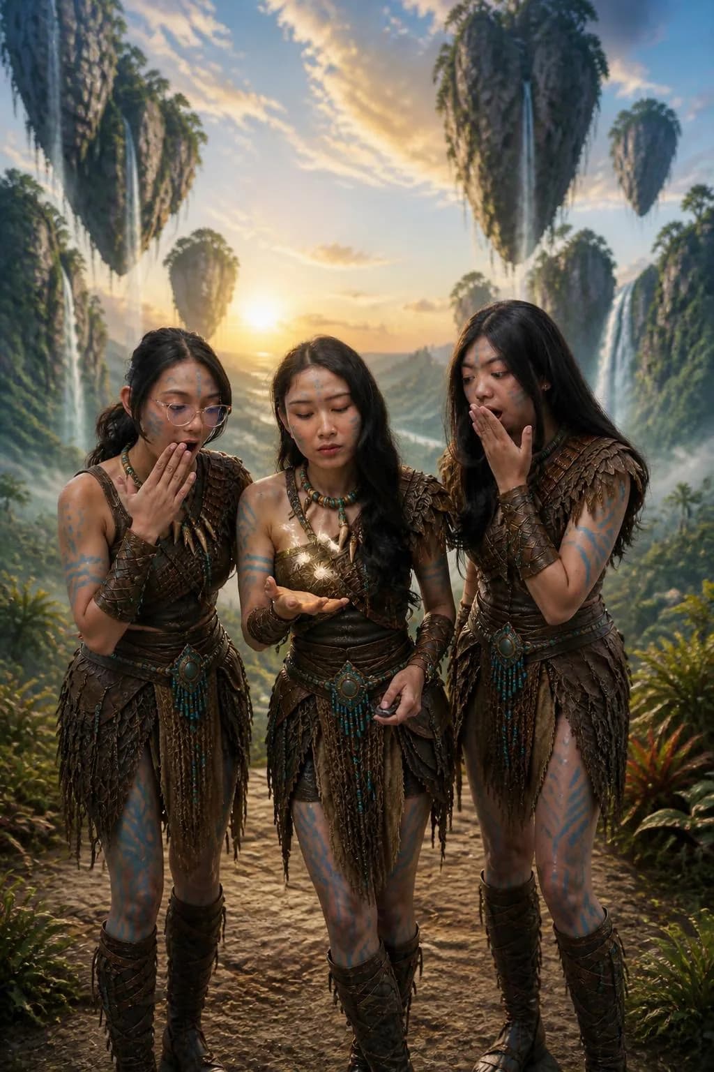 Foto AI trio dengan busana dan latar tematik, variasi 4