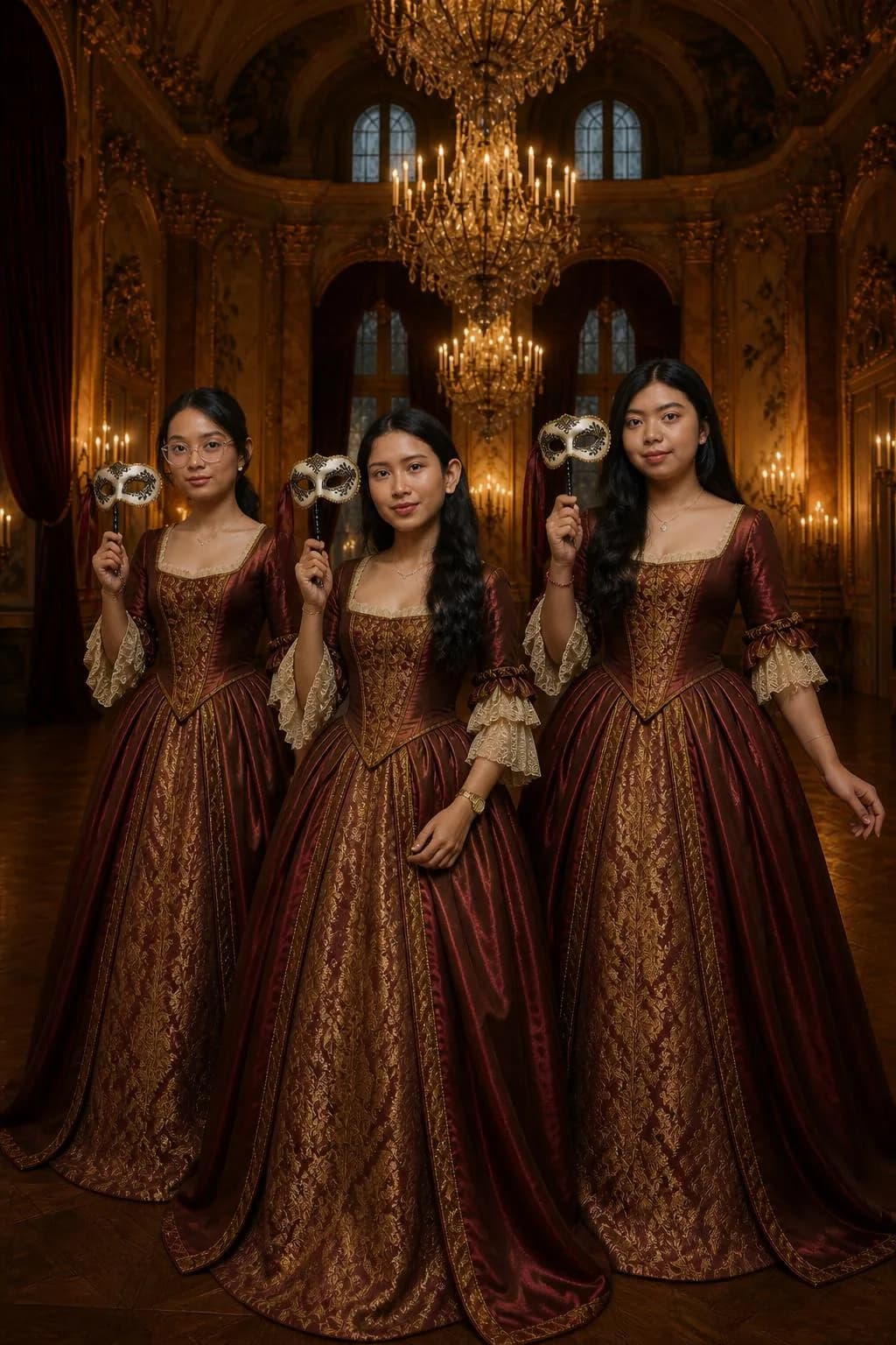 Foto AI trio dengan busana dan latar tematik, variasi 5