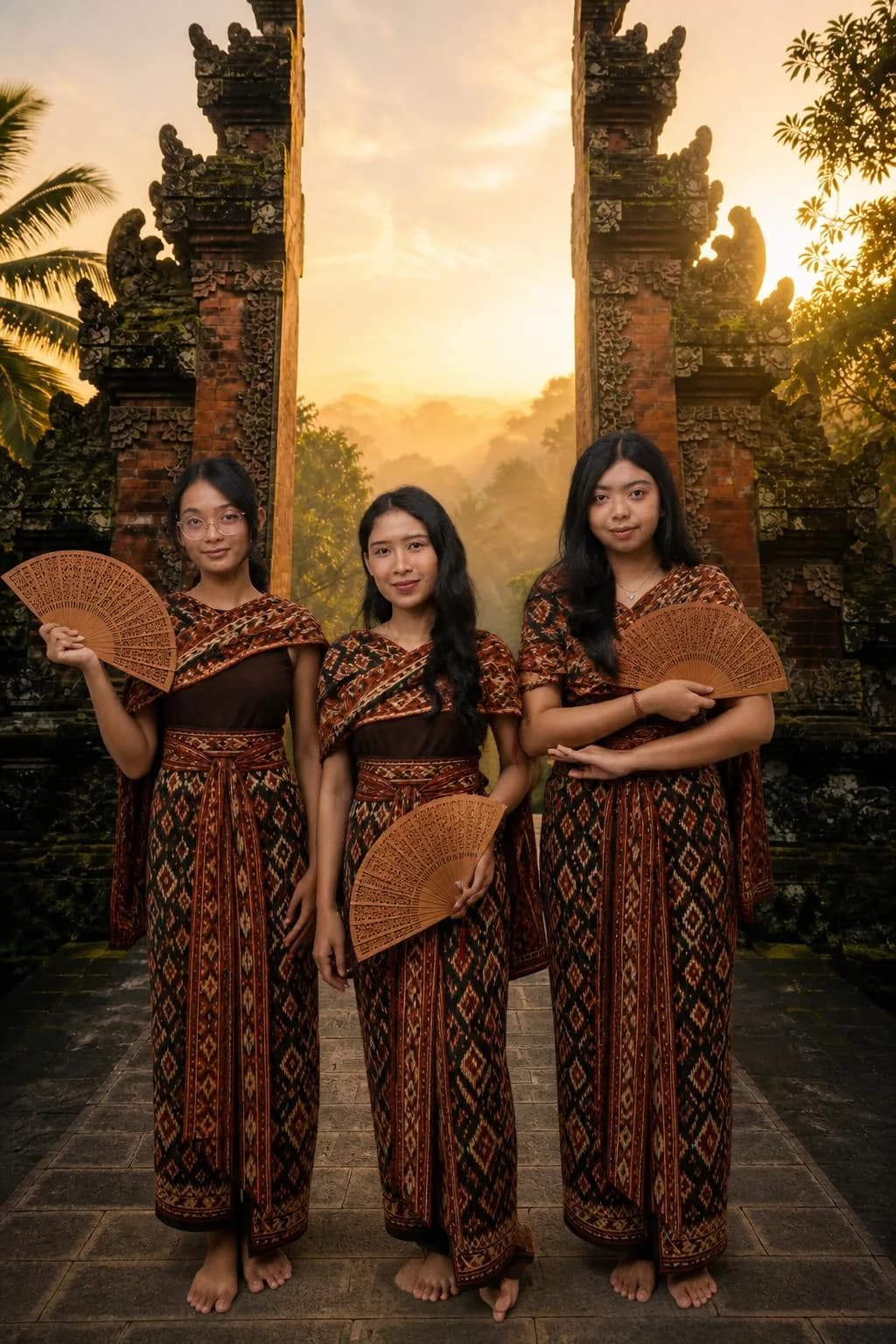 Foto AI trio dengan busana dan latar tematik, variasi 6