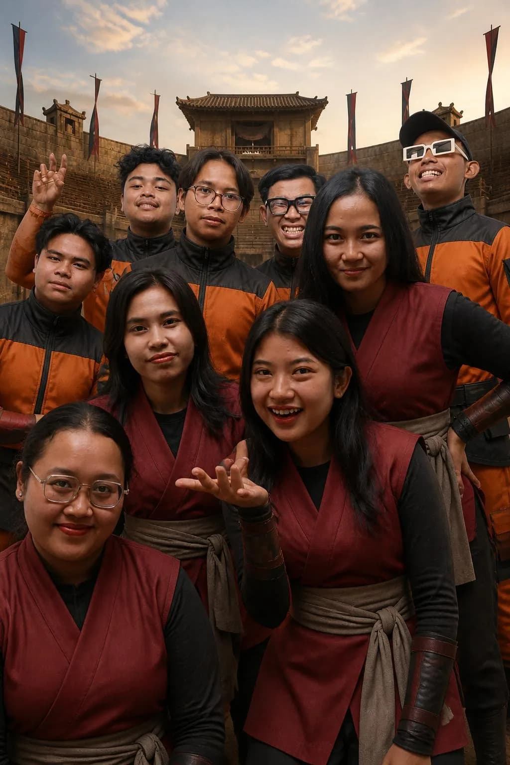 Foto AI grup besar dengan tema liburan dan budaya, variasi 1